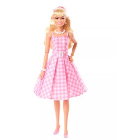 a barbie doll wearing a pink and white checkered dress, with her hands on her hips