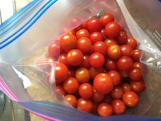 a plastic bag filled with tomatoes sitting on top of a counter