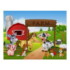 farm animals in front of the wooden sign