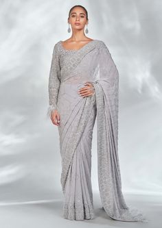 Nitika Gujral-Grey Sequence Georgette Sari Set-INDIASPOPUP.COM Grey Sari, Full Sleeves Blouse, Pakistan Clothes, Netted Blouse Designs, Glitter Outfit, Silver Blouse, Colour Pallets, Grey Saree, Full Sleeve Blouse