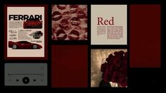 there is a collage with red and black images on it that include roses, books, magazines, and music