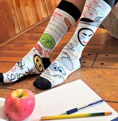 I was an excellent doodler in school. Maybe I should have taken more notes? . #Doodling, #socks #school #nostalgia #notebookcover #funnysocks #giftideasforhim #backtoschool #teacherlife #sockgame #giveback #doodleart #nerdlife #family Holiday Socks, Fun Socks, School Notebooks, Nerd Life, Custom Socks, My School, Funny Socks