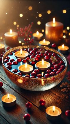 many lit candles in a bowl on a wooden table with red berries and other decorations