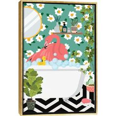 Flamingo Taking A Bath In My Jungle Bathroom by Jania Sharipzhanova arrives ready to hang, with hanging accessories included and no additional framing required. Every canvas print is hand-crafted in the USA, made on-demand at iCanvas, and expertly stretched around 100% North American Pine wood stretcher bars. Jungle Bathroom, Bird Bathroom, Tropical Bathroom, Taking A Bath, Green Bird, Boho Bathroom, Diy Art Painting, Bath Decor, Wild Cats