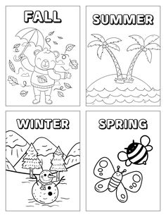 four coloring pages with the words fall and winter