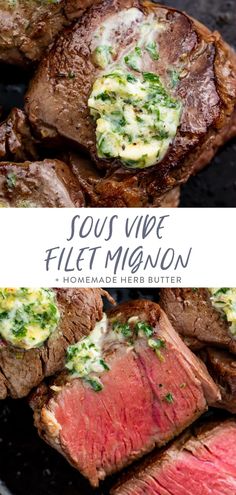 steaks with green sauce on top and the words sous vie filet maison above it