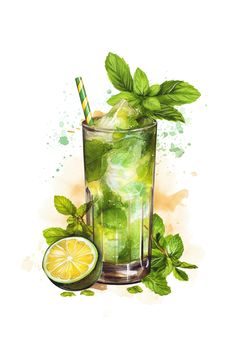 a watercolor painting of a mojito drink with mint and limes on the side