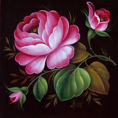 a painting of pink flowers with green leaves on a black background, painted in acrylic paint