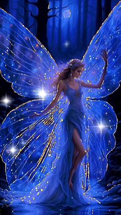 a beautiful fairy with blue wings standing in the water