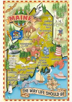 the maine map is shown with many things to see and do in it's state