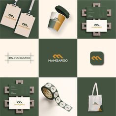 the logo for mangoroo is displayed on different pieces of paper and packaging materials