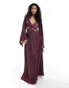 ASOS DESIGN satin plisse ring waist detail maxi dress with kimono sleeves in purple | ASOS Maxi Dress With Kimono, Witchy Dress, Dress With Kimono, Cheap Maxi Dresses, Cocktail Dress Formal, Winter Party Dress, Kimono Sleeves, Sleeve Maxi Dress, Long Sleeve Floral Dress