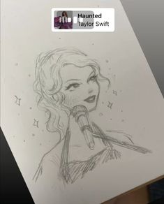 a drawing of taylor swift holding a microphone in front of her face with the caption's name on it