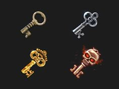 four different keys are shown on a black background, one is gold and the other is silver