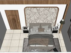 a drawing of a bedroom with a bed and nightstands