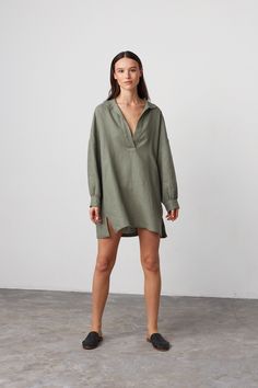 "SKY is an oversized, long sleeve linen tunic dress. Perfect  DETAILS - Collar neckline - Long sleeves - Above knee length - Oversized fit - 100% midweight European linen fabric - Cut and sewn to order just for you in our studio COLOR - Sage Green, you can also choose other colors above - Fabric samples are available here https://www.etsy.com/listing/586569696/linen-fabric-samples SIZING & FIT - Size down for a more fitted look - Model is 5'9.5\" / 177cm and wearing a size XS CARE FOR LINEN - Machine wash up to 30ºC/86ºF gentle cycle - Lay flat to dry or tumble dry low - Warm iron if needed - Do not bleach SIZE GUIDE Size conversion guide Size XS (US 0-2, IT 36-38, UK 4-6, Japan 3-5, France 32-34) Size S (US 4-6, IT 40-42, UK 8-10, Japan 7-9, France 36-38) Size M (US 8-10, IT 44-46, UK 12- Green Long Sleeve Relaxed Fit Shirt Dress, Green Relaxed Fit Long Sleeve Shirt Dress, Oversized Green Long Sleeve Shirt Dress, Oversized Long Sleeve Green Shirt Dress, Oversized Long Sleeve Shirt Dress For Vacation, Green Linen Long Sleeve Dress For Beach, Casual Oversized Linen Dress For Fall, Casual Oversized Linen Fall Dress, Spring Vacation Linen Dress With Long Sleeves