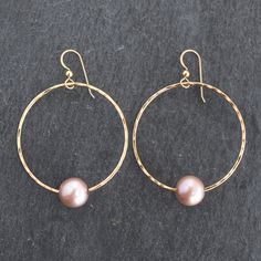 Classic circle hoop earrings are hand forged, shaped and textured for a beautiful reflective finish. This is made from you choice of gold fill or sterling silver. This material will NOT TARNISH and can even get wet! Pearls are 9.5-10mm natural colored Edison pearls. These are a high-quality pearl with beautiful and soft rosy color. Hammered Hoop Earrings As Gift, Gift Hammered Hoop Earrings, Hammered Open Circle Hoop Earrings For Gift, Hammered Open Circle Hoop Earrings As A Gift, Gift Hammered Open Circle Hoop Earrings, Pearl Purple, Hoop Earrings Large, Edison Pearls, Hawaiian Jewelry