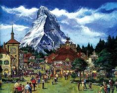 a painting of people walking around a town with a mountain in the backgroud