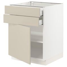 an image of a white kitchen cabinet that is open to reveal the drawer and door