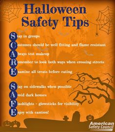 the halloween safety tips poster is shown in blue and orange with an image of a boat on