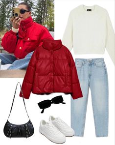 Puffer Red Jacket Outfit, Red Jacket Outfit Casual, Red Jacket Outfit Winter, Red Parka Outfit, Snowfall Outfits, Orange Puffer Jacket Outfit, Bubble Jacket Outfit, Red Jacket Winter, Red Puffer Jacket Outfit