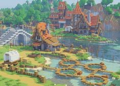 Minecraft Mountainside Village, Aesthetic Minecraft Houses Cottagecore, Minecraft Revamped Village, Minecraft Sniffer Enclosure Ideas, Minecraft Town Center Ideas, Large Minecraft Houses, Minecraft Kingdom