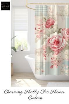 a shower curtain with pink flowers on it and the words charming shabby chic shower curtain