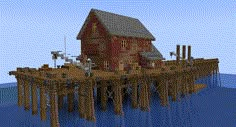 a red house sitting on top of a wooden pier next to the ocean in minecraft