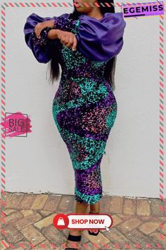 Elegant Solid Sequins Split Joint Square Collar One Step Skirt Dresses Purple Skirt For Fall Party, Fall Party Skirt In Purple, Non-stretch Purple Party Dress, Non-stretch Midi Party Skirt, Fitted Multicolor Midi Skirt, Multicolor Knee-length Party Skirt, Hip Dress, Color Pick, First Step