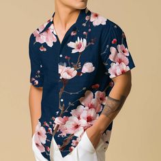 Introducing our Hawaiian Shirt for men, featuring vibrant floral patterns and a comfortable button-up design, perfect for the travel-loving boho enthusiast. This retro vacation wear blends style and comfort effortlessly, making it an ideal casual button-down choice for those seeking laid-back charm with a touch of nostalgia. 𝐃𝐄𝐓𝐀𝐈𝐋𝐒 🌸95% Polyester | 5% Spandex 🌸Boxy fit, straight cut 🌸Runs large, check your measurements against size chart 🌸Includes Chest Pocket 🌸Colors may appear dif Cherry Blossom Shirt, Retro Vacation, Blue Cherry, Flower Button, Vacation Wear, Blue Hawaiian, Button Flowers, Mens Hawaiian Shirts, Travel Lover