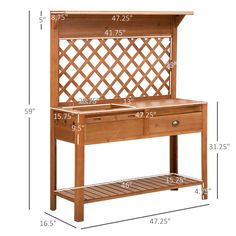 a wooden desk with two drawers and a shelf on the bottom, measurements for each drawer