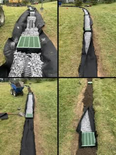 four pictures showing the different stages of drainage being used to build a garden pond in an open field