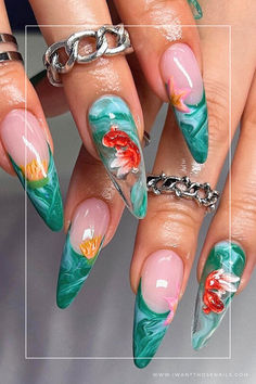 pisces fish nails designs Fish Nails, Beach Nail Designs, Water Nails, Baddie Nails, Beach Nails