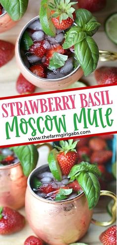 strawberry basil moscow mules with mint garnishes