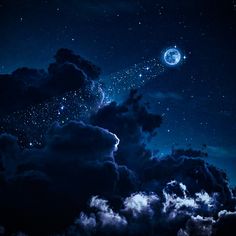 the night sky is full of stars and clouds, as well as a bright moon