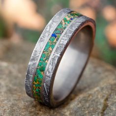 Colorful Desert Mosaic Wedding Ring With Meteorite Edges-3926 - Jewelry by Johan Desert Mosaic, Planing Board, Trend Rings, Mosaic Wedding, Colorful Desert, Lux Jewelry, Mens Wedding Rings Unique, Meteorite Wedding Band, Natural Twist