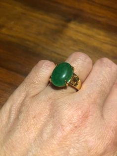 Vintage Lucky Green Nephrite Jade Golden ring Large green nephrite jade Gold finished German Silver Vintage ring, does not tarnish, NOT sterling Size 7, 8, 8.5, or 9 All rings are shipped free in the US in a nice gift box. Check out our over a THOUSAND great reviews Engraving is $4 per letter and is not always perfect depending on the piece. It can take a few days if the jeweler is busy. This is payable to Paypal Judithsltd@gmail.com Green Cabochon Emerald Ring For Anniversary, Green Emerald Cabochon Ring For Anniversary, Green Oval Cabochon Ring For Anniversary, Green Emerald Spiritual Ring For Anniversary, Green Emerald Ring For Anniversary, Spiritual Green Gemstones For Anniversary, Jade Gemstone Rings For Healing, Green Jade Ring As A Gift, Emerald Healing Ring