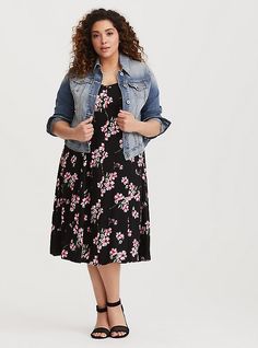 Black Floral Challis Midi Dress, FALLING BOUQUET, hi-res Falling Bouquet, Spring Business Casual, Trendy Plus Size Fashion, Challis Fabric, V Neck Midi Dress, Plus Size Skirts, Casual Spring, Plus Size Womens Clothing, Piece Dress