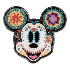 a mickey mouse mask with colorful designs on it