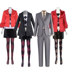 three mannequins dressed in different styles of clothing and accessories, each wearing a suit