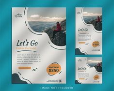 a set of three flyers with an image of a person sitting on top of a mountain