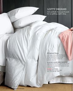 a bed with white comforter and pillows on it's headboard is featured in an article about lofty dreams