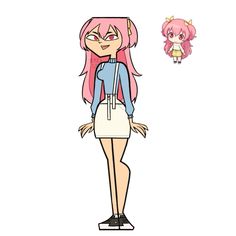 an anime character with pink hair and blue shirt, standing next to another character in front of