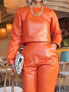 Regular Fit Micro-Elasticity Crew Neck Long Sleeve Urban Plain Faux Leather Top | stylewe Leather Tops, Elegant Wardrobe, Fashion Black And White, Orange Fits, Faux Leather Top, Two Piece Pants Set, Cold Shoulder Long Sleeve, Plain Tops, Long Sleeves Coats