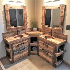 a bathroom with two sinks and mirrors made out of wood