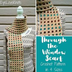 the crochet scarf is on display next to a white mannequin with text that reads through the window scarf free crochet pattern in 4 sizes