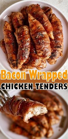 bacon wrapped chicken tenders on a white plate