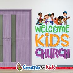 a child's room with a purple door and welcome kids church sign on the wall