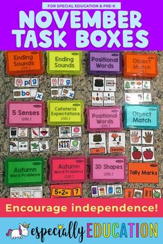 This image contains: A pile of November task boxes on a table that encourage independence November Lesson Plans, Alphabet Recognition, Executive Functioning Skills, Sound Words, Pre K Activities