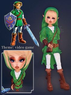 the legend of zelda doll is shown in three different poses, including an elf